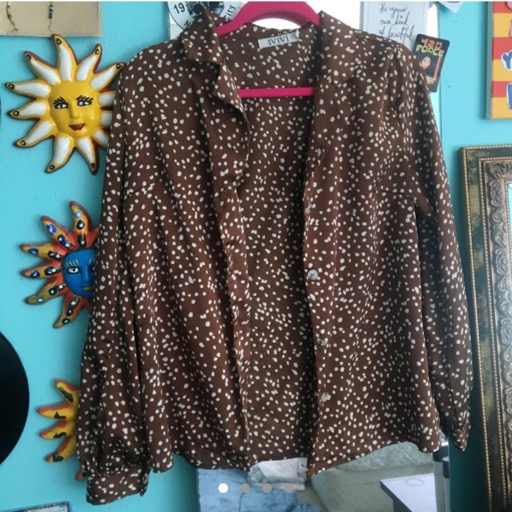 Brown button up with white polka dots.